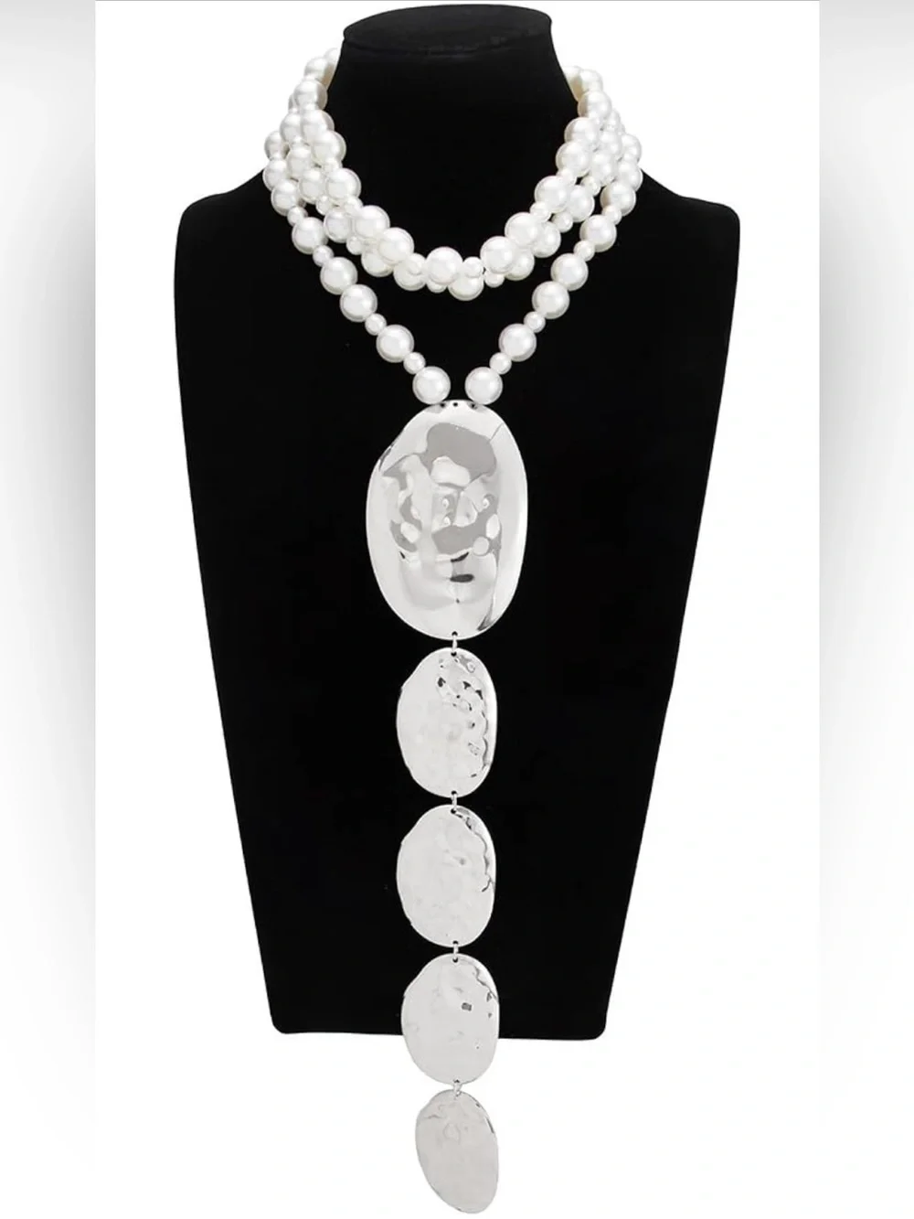 Anthropologie White Pearl Multi-Strand Necklace with Hammered Silver Drops